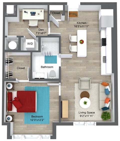 Floor plan for 1 bed, 1 bath, 724 sqft